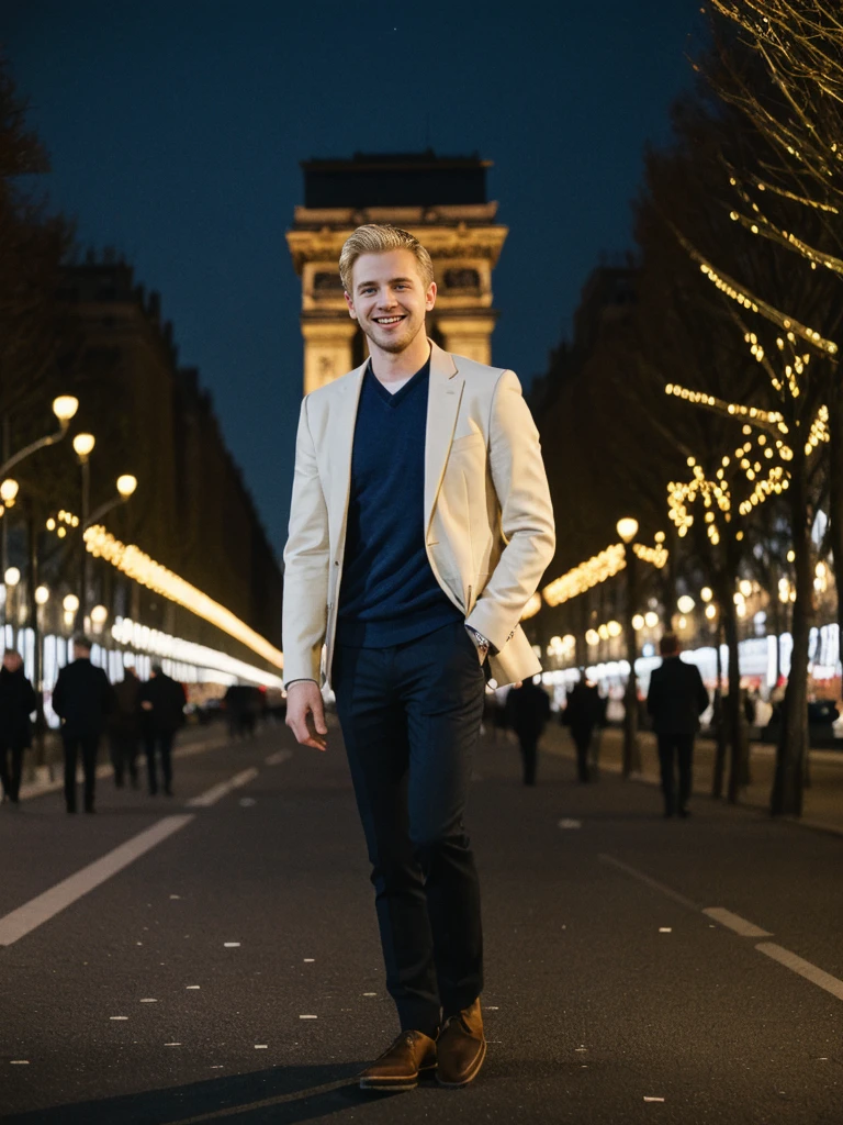 His name is Thomas, high quality, 1guy, ((25-year-old fit Caucasian man)), ((25 years old)), ((BODY TYPE: MUSCULAR)), ((BLOND COLORED Hair)), smiling, pose: standing, wearing Well-dressed ULTRA MODERN Generation-Z modern wear bright colored, BACKGROUND: "Walking along the illuminated Champs-Élysées with the Arc de Triomphe in the distance and the city lights twinkling."Blue eyes