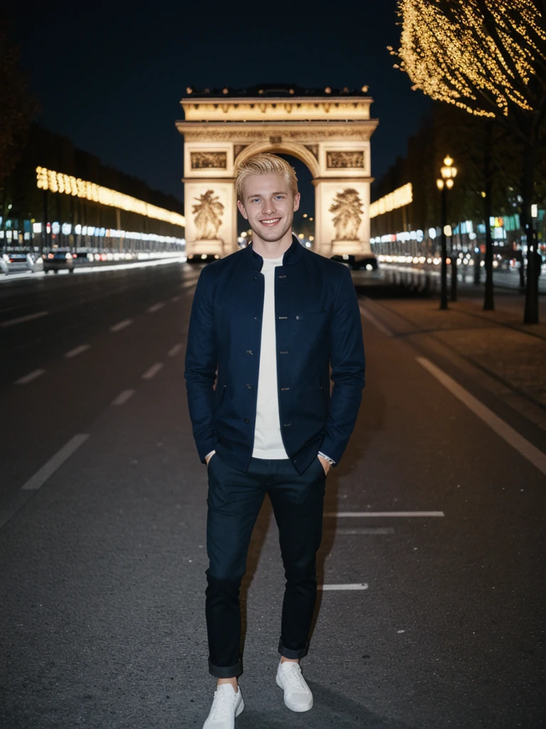 His name is Thomas, high quality, 1guy, ((25-year-old fit Caucasian man)), ((25 years old)), ((BODY TYPE: MUSCULAR)), ((BLOND COLORED Hair)), smiling, pose: standing, wearing Well-dressed ULTRA MODERN Generation-Z modern wear bright colored, BACKGROUND: "Walking along the illuminated Champs-Élysées with the Arc de Triomphe in the distance and the city lights twinkling."Blue eyes