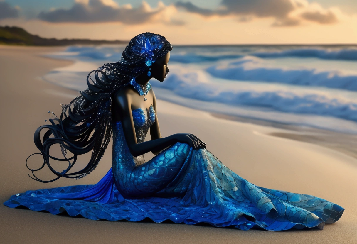 Tranquil Relaxing Atmosphere, in crystal shores, crystalline sands, shimmering waves, merfolk's domain, telephoto shot, black and blue Drew is charming, enigmatic bioluminescence on the background . Textured fabric, intricate patterns, resist-dyeing technique, indigo or vibrant colors, organic and flowing designs, Atlantic textile art, cultural tradition, tactile and visual interest. (embedding:bentemplesmithstyle:0.8)