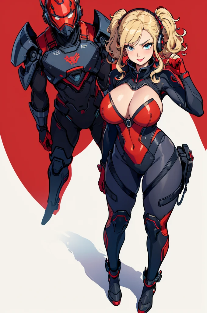 (masterpiece, best quality, high resolution,)a beautiful woman,((huge breasts)),,blonde hair tied in 2 curly pigtails,,blue eyes,,red lips, plug-in suit, full body red and black pilot suit ,smile, red interface headphones, ,((white background,)), ((full body standing)),
