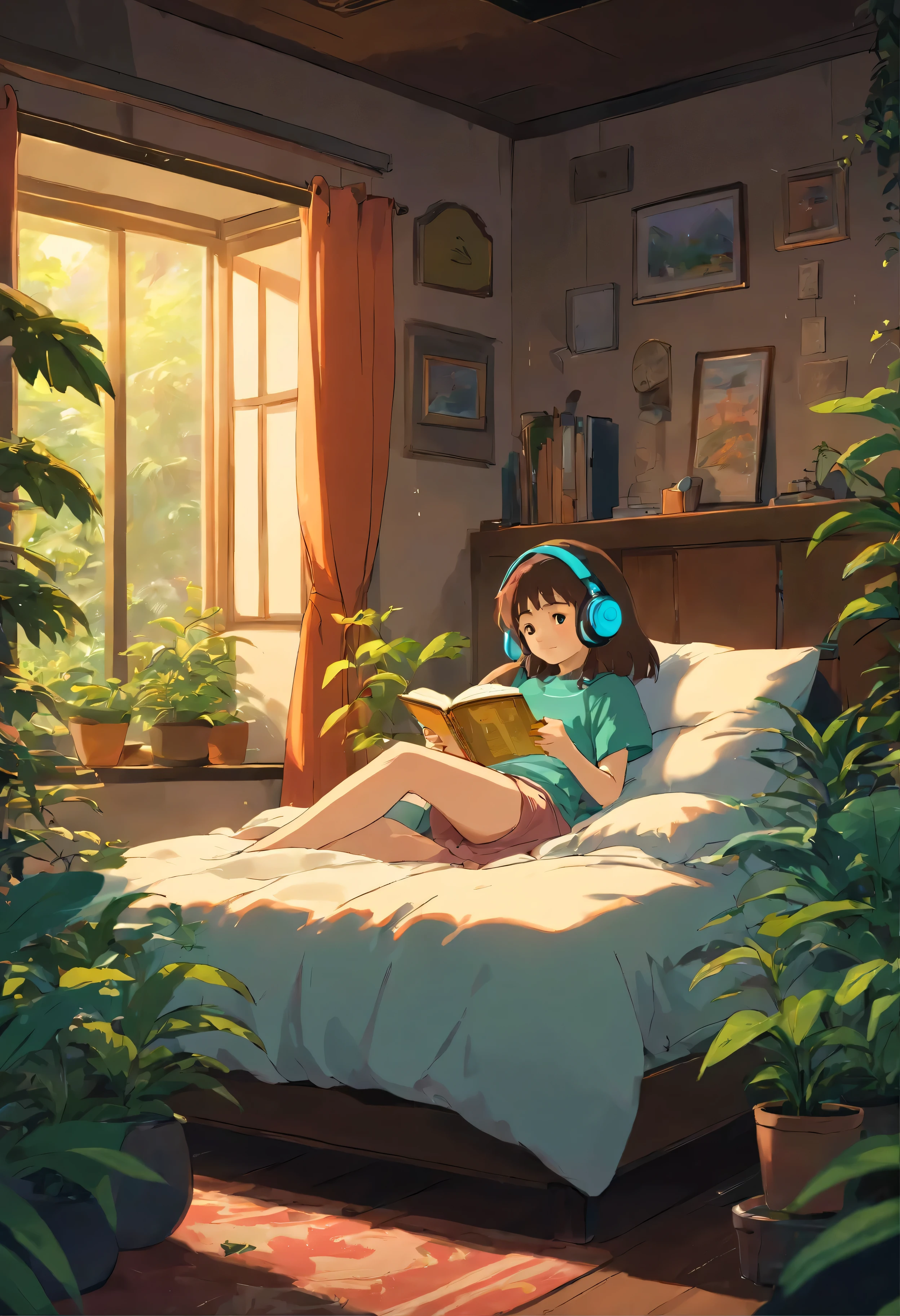 a girl lying in a comfortable bed in a cozy room, listening to music with headphones, 2D anime style, fixing a hard drive, dark atmosphere, plants, coffee, rainy day, plants, homework