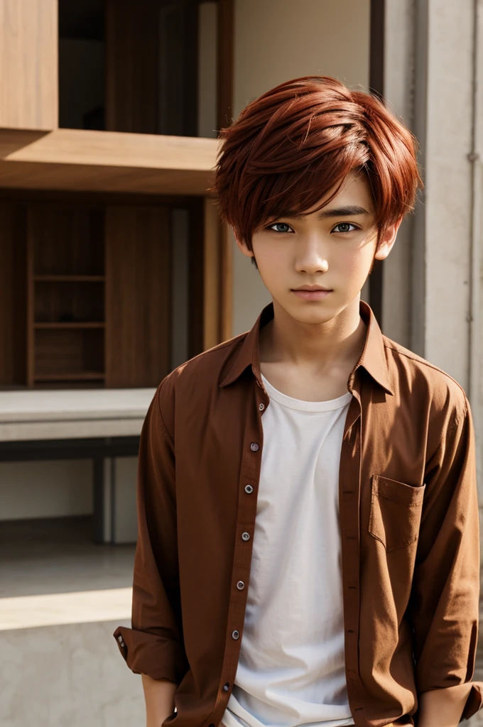 Anime male boy with short red hair , Brown eyes , wears a long shirt
