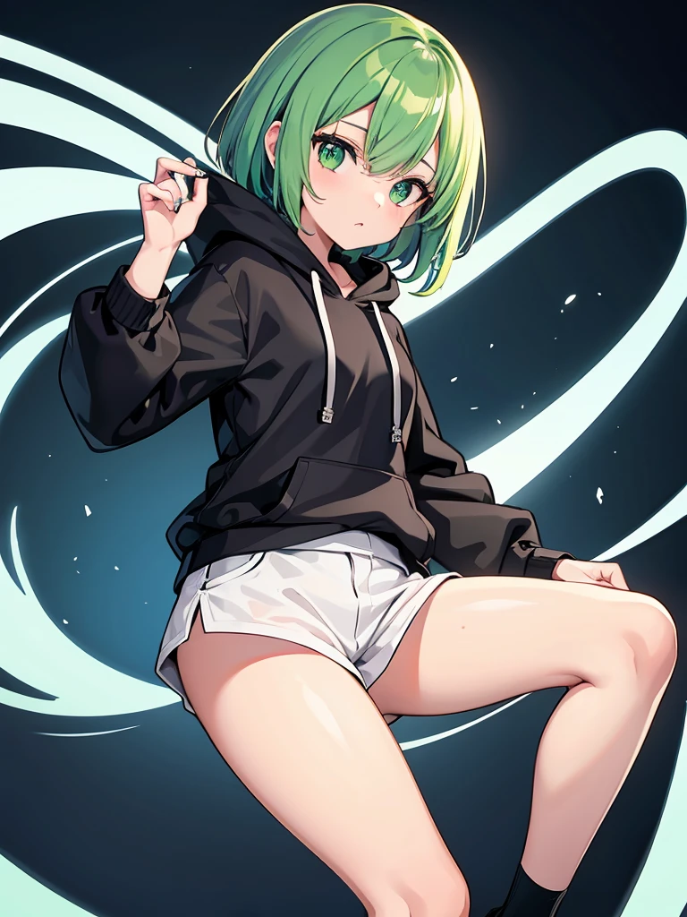 Masterpiece,High Quality,(Full Length 1.2),Animated Standing, Black Shorts,(Black and White Open Hoodie),Black Open Hoodie,(Green Hair 1.4),Animated Girl with short green hair and green eyes,(Detailed Eyes 1.6),(Clear Eyes 1.4),(Beautiful Eyes 1.4),(Shining Eyes 1 .4), White cyan, Green hair, Detailed key animated art, Animated portrait, Shining eyes, Green haired girl, Green light hair, Black shorts, Gray shoes, White socks, Thighs, 4K