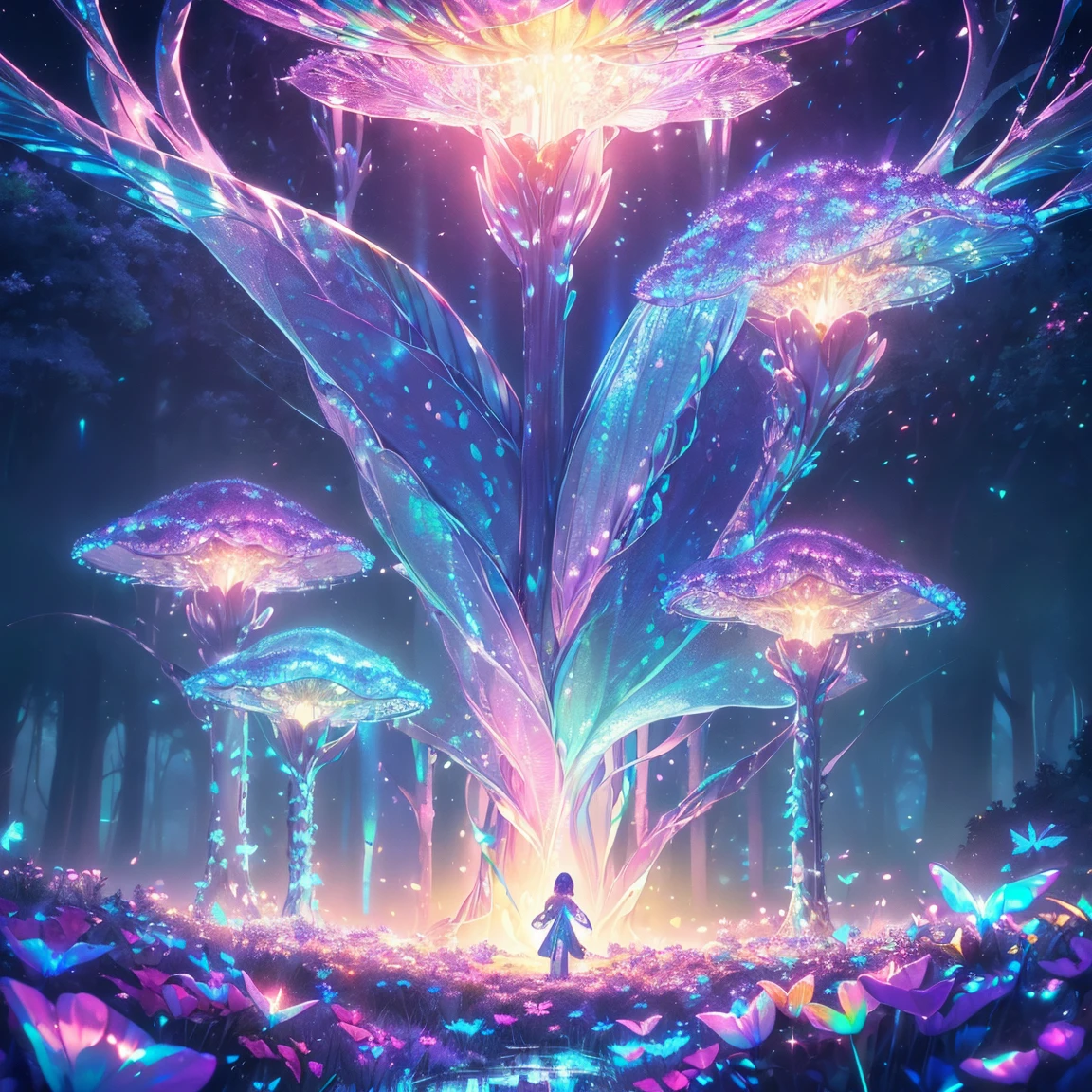 Enchanted mystical forest, neon-colored butterflies, pure blue water river spring, golden mini fairies, glowing mushrooms releasing pollen, extremely beautiful landscape, (ultra-realistic), {extremely detailed 8k CG unit wallpaper}, expansive landscape photography, (a low view that prioritizes the entire scene, (wide open field view), (low angle shot), (high light: 1.5), (low light: 1.0), (warm light source: 1.0), complex details, (iridescent colors: 1.5), (bright lighting), (atmospheric lighting), nature, magical, landscape