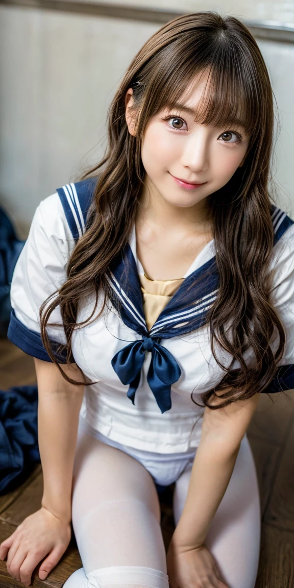 (Browsing Caution:1.3), ((masterpiece)), ((Highest quality)), (Very detailedな), ((cute)), cute, (Multi-point), ((sexy)), (device), ((Very detailed)), 4K, (8k), Highest quality, (beautiful), hyper cute face, shape, Anime Style,hyper Genuineistic, Genuine, Dynamic Angle, ((whole body)), close, Thick outline, Clear contours, at school, (1 girl, cute girl:1.5), (High school girl sailor suit:1.5), beautiful light brown hair, beautiful brown eyes, ((beautiful eyes)), (sit, look forward to, Showing panties:1.5), short hair, Big Breasts, shoes, smile,(Horie Yui:1.6)