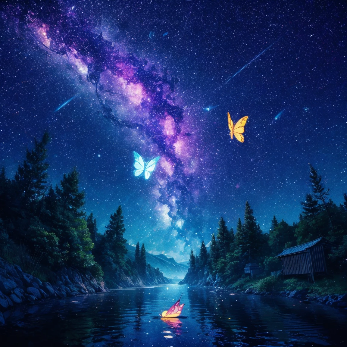 Cute girl characters、Describes a scene of leafy butterflies flying around on the water, Looking up at the starry sky. Surround her with colorful nebulae and colorful forests.