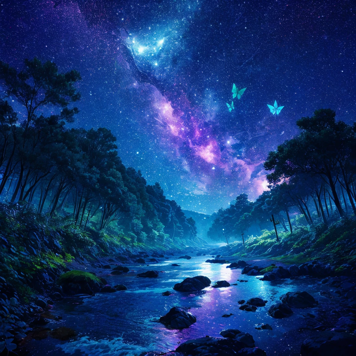 Cute girl characters、Describes a scene of leafy butterflies flying around on the water, Looking up at the starry sky. Surround her with colorful nebulae and colorful forests. 