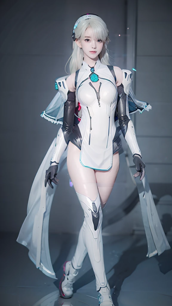 best quality, 1080P, Masterpiece, Whole body photo, Ultra high resolution, photorealistic photo, ultra realism, Realistic skin texture, Light blonde hair, Extreme skin detail, dslr, Detailed eyes, Facing the camera, Very beautiful face, Firm facial structure, Pale skin, Realistic skin texture, Extreme skin detail, oc render reflection textures, Realistic light and shadow, One picture, alone, The body is slender and balanced.., Age 20, Height 170, no underwear, Flat stomach, (White shiny leather bodysuit), full body view, Whole body photo, sexy pose, A girl with the body of a mechanical robot., Transparent futuristic white glass mech armor suit, The mechanical cervix is attached to the neck., Woman with perfect mechanical arms and legs,