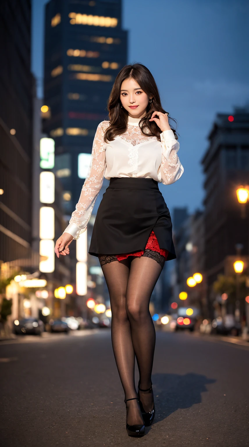 highest quality, masterpiece, 8K, ultra high resolution, (realistic: 1.4), 1 girl, beautiful face, symmetrical eyes, Japanese, smile, brown hair, perfect body proportions, full body, smile , large breasts, high heels, wearing makeup , pantyhose, ((red lace fabric blouse)), ((silk black color skirt)), ((tight fitting skirt )), (laced long sleeve) , (city night, dark night, (blurred background), dim lights, cityscape, in the dark, deep shadow, model pose , (legs shown: 1.3)