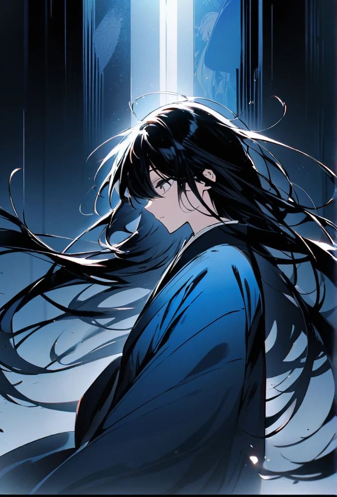 Japanese。male。Sharp black Eye。Very long black hair。profile。Plain blue kimono(Dressed in kimono)。A strong wind blows my hair back。Cover your eyes with hair。The background is blue light。Stand up straight。An illustration。picture。