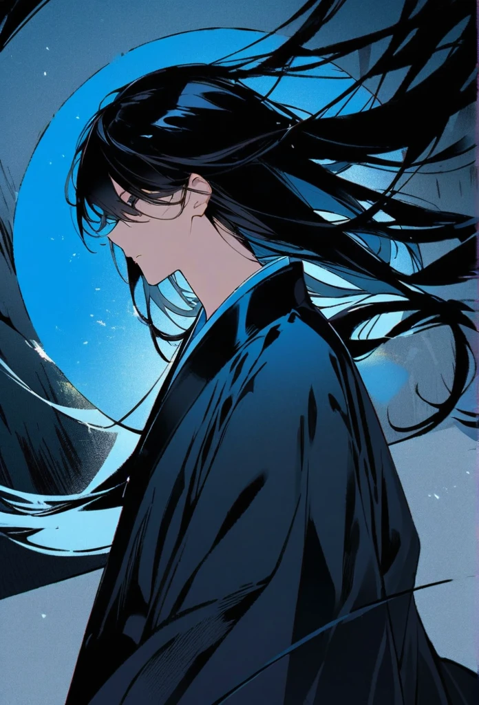 Japanese。male。Sharp black Eye。Very long black hair。profile。Plain blue kimono(Dressed in kimono)。A strong wind blows my hair back。Cover your eyes with hair。The background is blue light。Stand up straight。An illustration。picture。