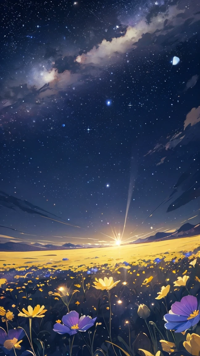 a close up of a field of flowers under a night sky, field of flowers at night, night sky full of flowers, moonlight shining on wildflowers, endless cosmos in the background, vast cosmos, blue hour stars, cosmos in the background, starry sky 8 k, view of the cosmos, sergey krasovskiy, in a cosmic field, sergey zabelin