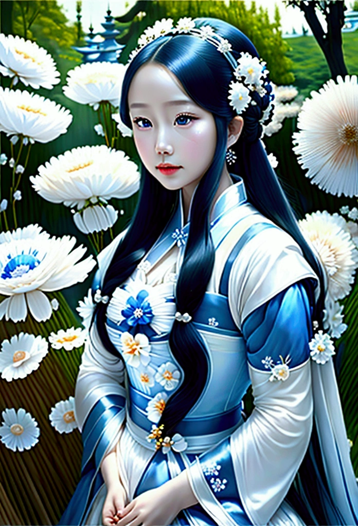 A woman in a blue and white dress with flowers in her hair, Hanfu, palace, girl in Hanfu, blue Hanfu, white Hanfu, Wearing ancient Chinese costumes, ((Beautiful fantasy queen)), ancient Chinese Princess, Chinese style, Chinese traditional clothing, Ancient Chinese Clothing, Beautiful fantasy queen, Chinese Princess, Traditional beauty,nude