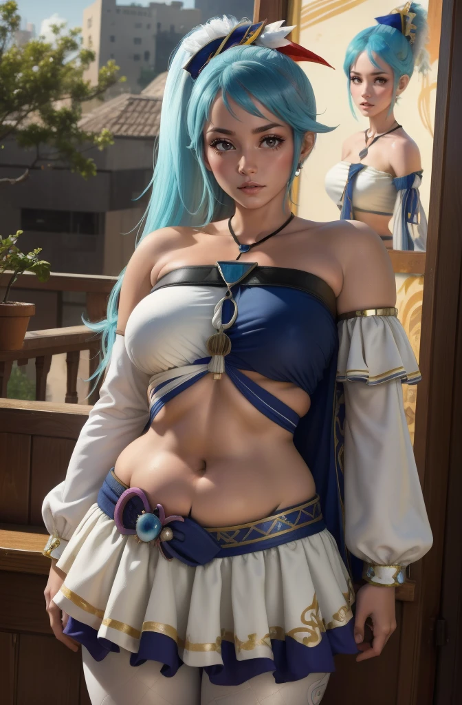 (photo realistic1.2),ultra detailed,(8K),(1girl),(Fantasy World:1.5),(wooden house),(bed),Clothing with low sheen,(warrior Costume:1.5),warrior items on the wall,warrior gear,(warrior Hat),skirt,topless, (small nipples), (big breasts: 1.2),nude gravure, beautiful Japanese, clothes in disarray,earrings,moderate muscle tone,(from above),looking at viewer,(lying down pose),(embarrassed),bust shot,((light blue hair)),(short hair),26years old,