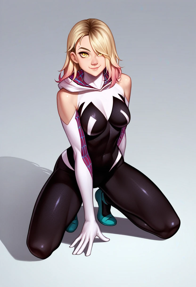 Score_9, score_8_up, score_7_up, 1girl, gwen stacy pose , squating pose, hands in floorFULL body|, 1girl, solo, long hair, looking at viewer, blond hair hair, yellow eyes, smile, , bangs, breasts, simple background, fang, bare shoulders, scar, bare shoulders, closed mouth, hair over one eye, portrait, hair over shoulder, legs, seductive, spider gwen suit, , realistic, highly detailed face, detailed eyes, best quality, masterpiece, ultra detail, ultra high res, extreme detail, 8k, uhd, voluptuous, curvy, thick thighs, frontal, full body,