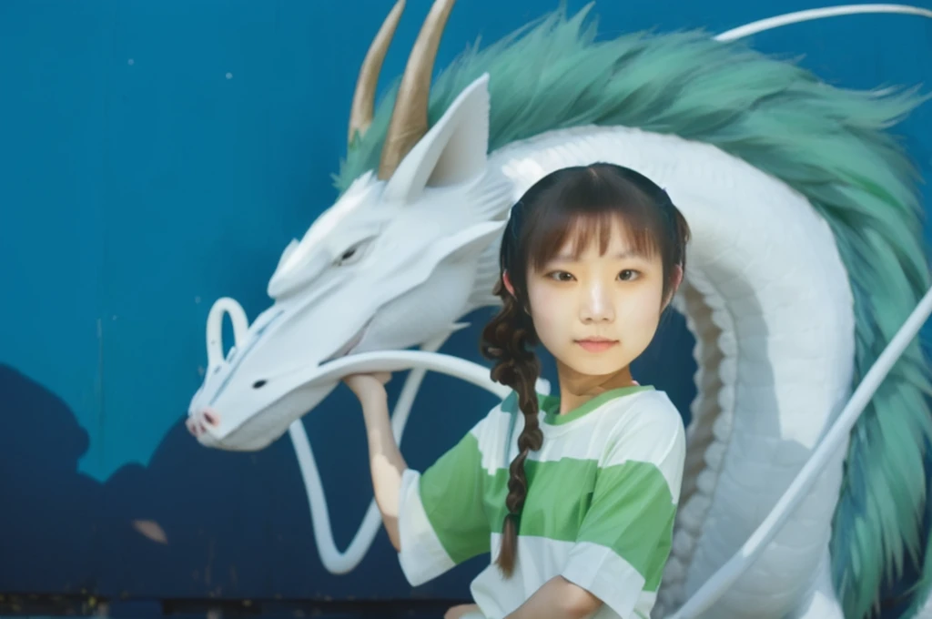 photo of an asian girl with brown hair and pigtails, wearing a white tshirt with a green stripe, standing next to a white dragon