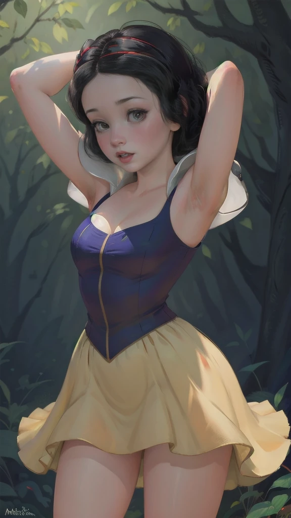 Snow white, beautiful, in the forest, Showing armpits and pussy, half naked.