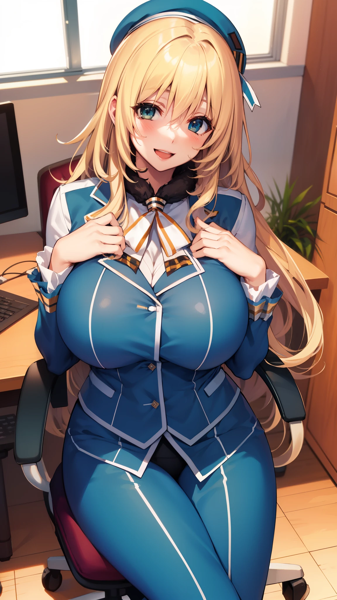 , View your viewers,
Blonde, Large Breasts, smile, Open your mouth, smile,Wide Hips,Long Hair,indoor,uniform,AtagoKC, (Atago) uniform,beret,Sitting,office,machine,Chair