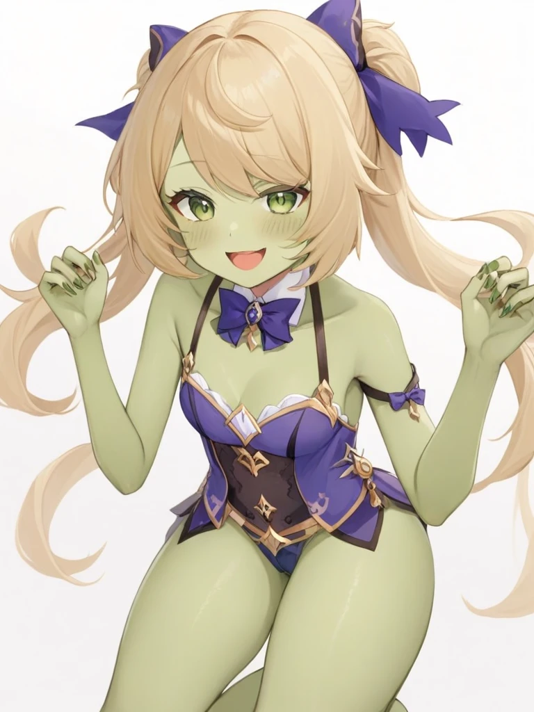 1 Girl, Fischl_\(Genshin Impact_Influence\), Solitary, Blonde_hair, long_hair, Watching_exist_Viewer, Smile, Open_Mouth, garter_Shoulder Straps, only_Shoulder, purple_bow, White_background, Bangs, bowtie, hair_Exceed_one_Eye, feexisthers, hair_Ribbon, Ribbon, skirt, simple_background, Sharp nails,Green nails,Skin of color,Green Skin,Barefoot,Green Skin,Show your thighs,Green Skin,whole body,Green Skin,Zombification,Green Skin,坐exist床上,Stretch your hands forward