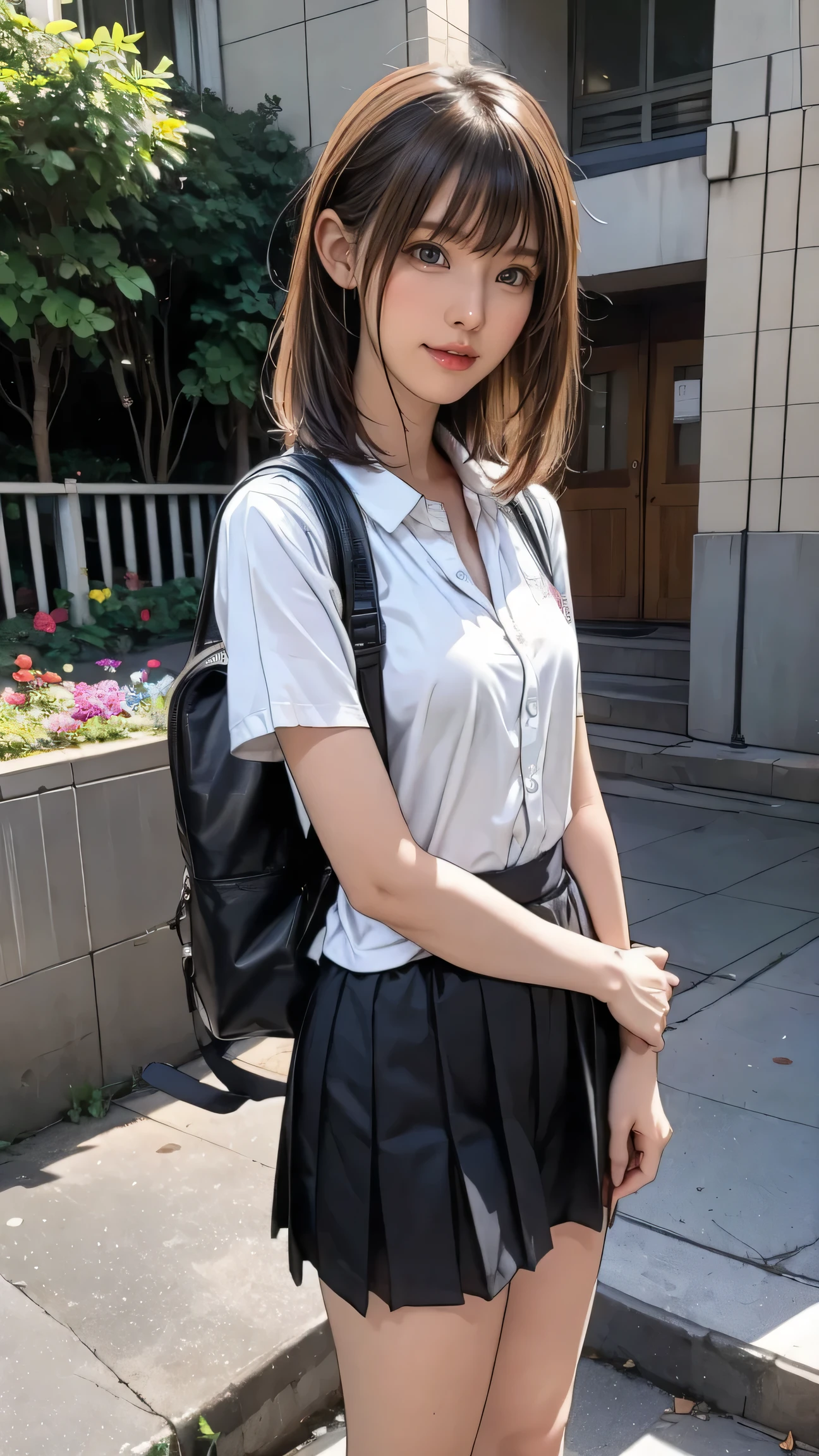 ((masterpiece)),(((Highest quality))),Thin thighs,Long legs,An 18-year-old woman standing on the steps of her school,Japan Uniform:1.5,White Camellia Floral Lace Bra:1.5,Open Chest White Shirt,The best smile,Short blonde:1.5,short side wave,Carrying a black backpack,Wear black loafers,