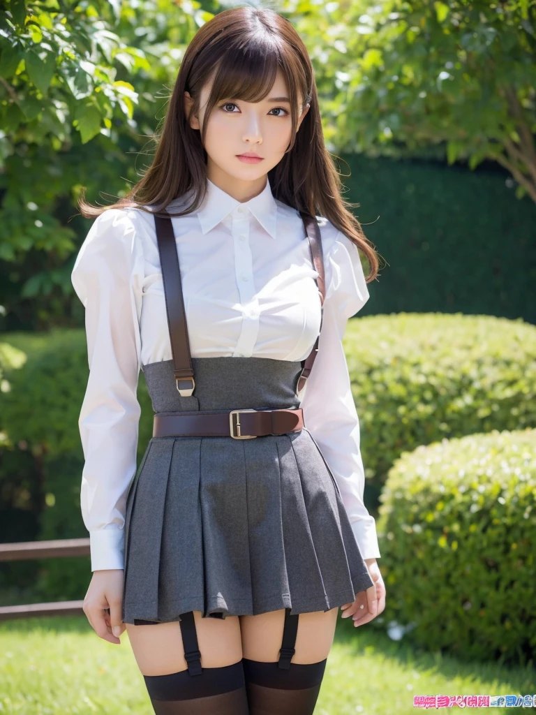 masterpiece、first-class、Ultra high definition、、colorful、Flat Color、Depth of written boundary、lens flare 1 person girl、、Light brown hair、Spectator Holster Bobby Cutter Shirt Belt Suspenders Working Adult Materia OL Big Breasts Cleavage Wide pelvis and thighs Crotch gap mini skirt, garter belt, knee-high stockings, black knee-high socks, waiting to start