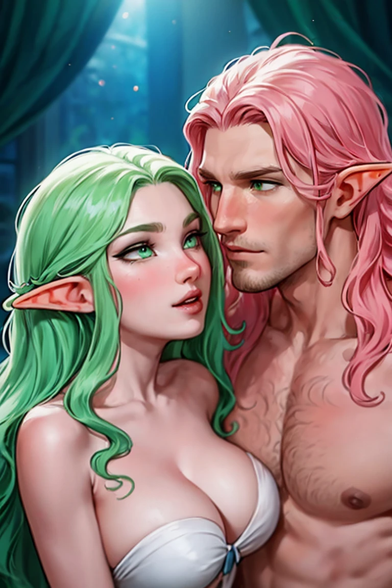 Woman, long wavy hair, pink hair, blue eyes, elf, Big breasts,Kissing the man, ((man, green hair, wavy hair, green eyes))
