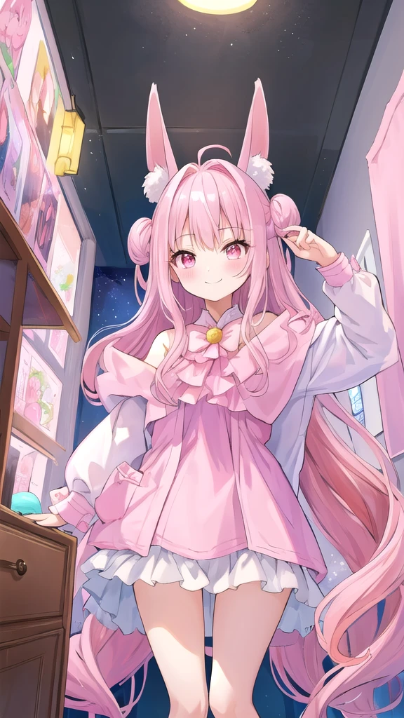 ((masterpiece))、(((Highest quality)))、((Super detailed))、((An illustration))、Attention to detail、Highly detailed CG unity 8k、High resolution、美しいAttention to detail目、Attention to detail、美しいAttention to detail目,美しいAn illustration, pretty girl,12 years old, Bedroom, pastel colour, Fluffy bunny ears, Bright lighting,Pink Eyes,(((Long pink hair))),smile,