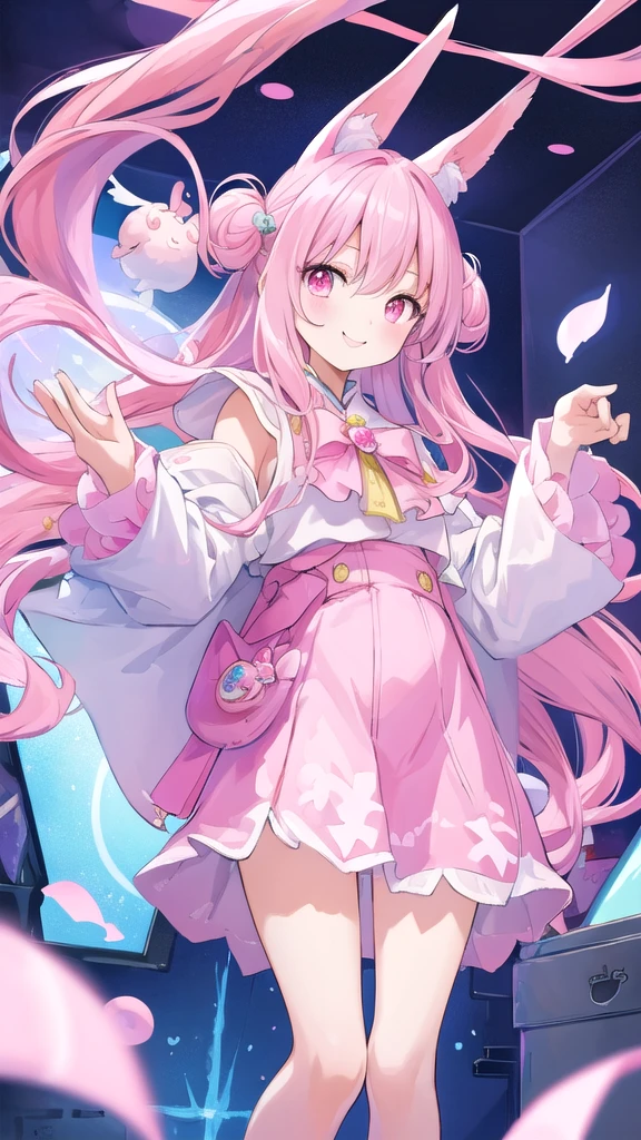 hyper precise hyper detailed illustrations,fate grand order style,1short shota,pink hair,long hair,angel halo,cat ear,cat tail,open mouth cat smile,looks like little bitch,Whip thick thighs,adult-game style magical girl costume,