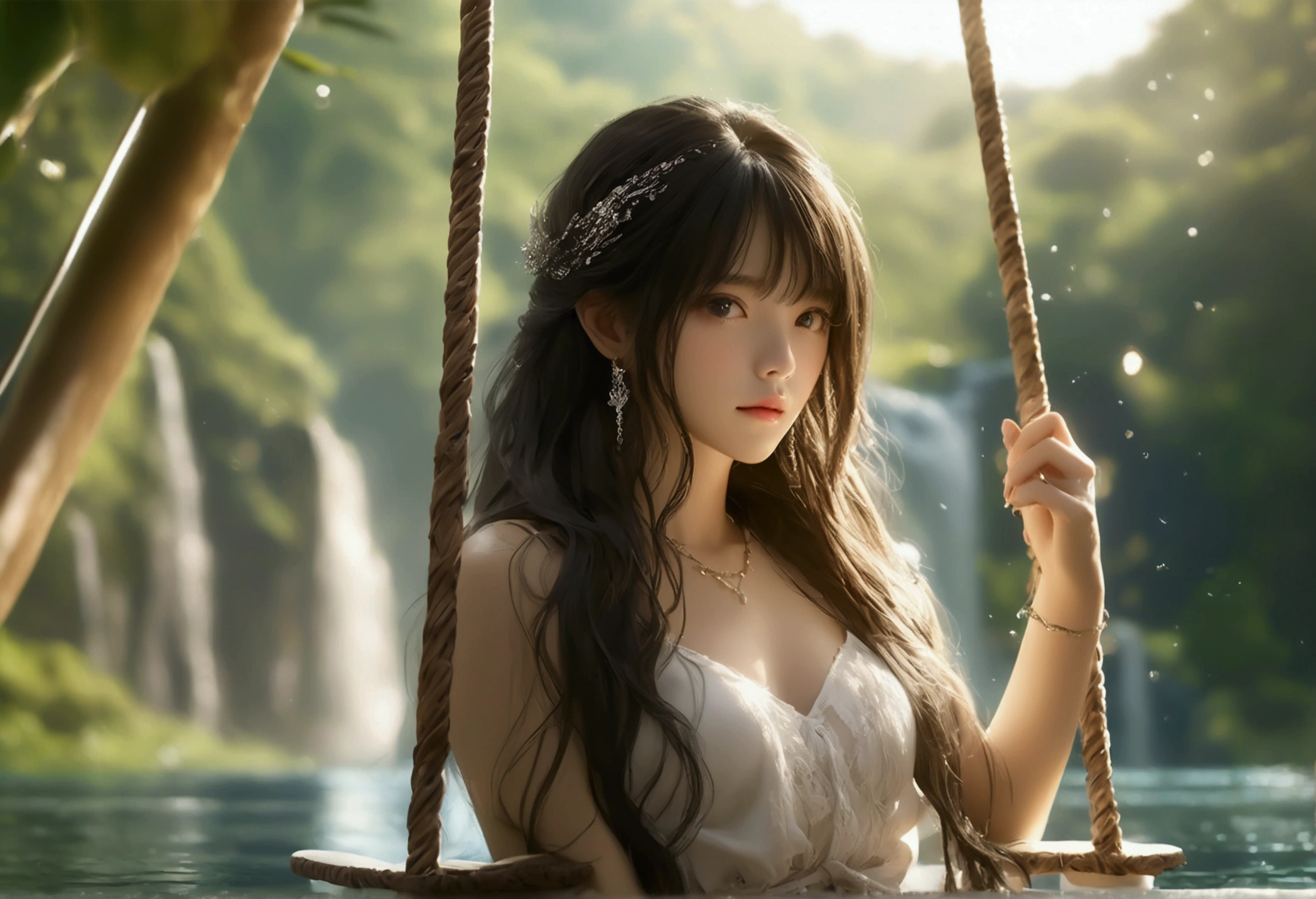 A stunning Hanhyojoo relaxes on a delicate swings_rattan chair suspended above the water's surface, her long hair with bangs flowing effortlessly across her shoulders. Cinematic lighting casts an ethereal glow, highlighting her porcelain skin and natural beauty. She gazes out at the breathtaking outdoor backdrop of a lush forest and waterfall, with bokeh effects adding depth to the scene. 35mm f1.8 nikon