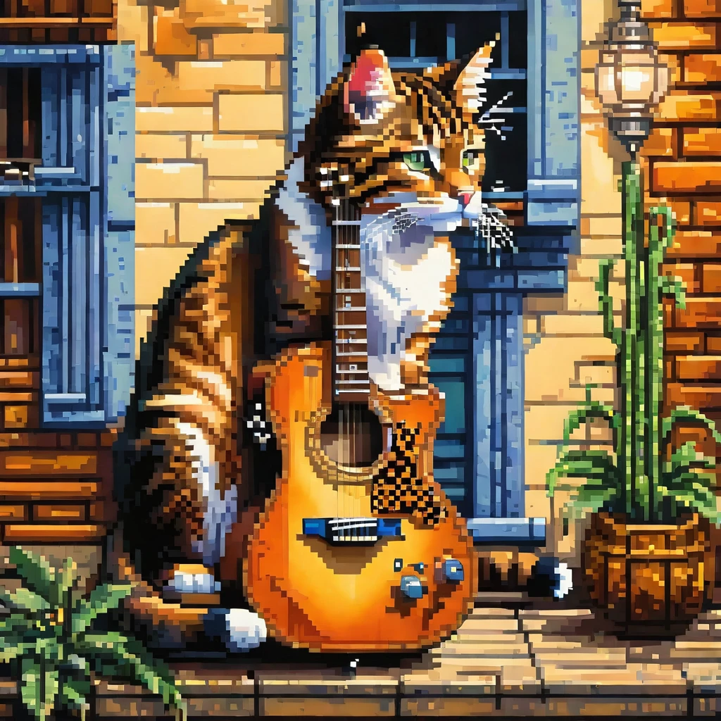 pixel art painting Acoustic guitar wild cat, best quality, masterpiece, high details, Ultra intricate detailed