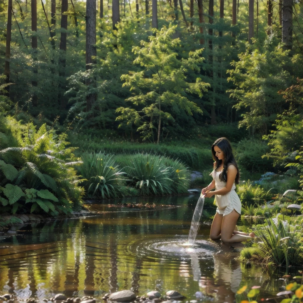 Hmm, this is a beautiful painting! I see a young Native American woman, her long dark hair cascading down her back, kneeling by a stream. She's filling a pot with water, her hands gently cupping the cool liquid. The light is soft and warm, illuminating the scene with a sense of peace and tranquility.

Here's a prompt based on what I see:

[A young Native American woman, her long dark hair cascading down her back, kneeling by a stream. She's filling a pot with water, her hands gently cupping the cool liquid. The light is soft and warm, illuminating the scene with a sense of peace and tranquility.]

[A realistic painting in the style of Thomas Kincaid, with a focus on capturing the beauty and serenity of nature. The scene is filled with vibrant colors and intricate details, creating a sense of depth and realism.]

[The scene is set in a lush forest, with a stream flowing through the center. The woman is the focal point, her actions highlighting the importance of water in Native American culture. The colors are rich and saturated, with a focus on the greens and browns of the forest and the blues and whites of the water.]