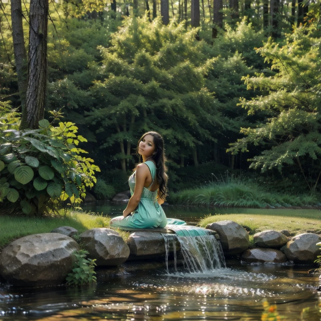 Hmm, this is a beautiful painting! I see a young Native American woman, her long dark hair cascading down her back, kneeling by a stream. She's filling a pot with water, her hands gently cupping the cool liquid. The light is soft and warm, illuminating the scene with a sense of peace and tranquility.

Here's a prompt based on what I see:

[A young Native American woman, her long dark hair cascading down her back, kneeling by a stream. She's filling a pot with water, her hands gently cupping the cool liquid. The light is soft and warm, illuminating the scene with a sense of peace and tranquility.]

[A realistic painting in the style of Thomas Kincaid, with a focus on capturing the beauty and serenity of nature. The scene is filled with vibrant colors and intricate details, creating a sense of depth and realism.]

[The scene is set in a lush forest, with a stream flowing through the center. The woman is the focal point, her actions highlighting the importance of water in Native American culture. The colors are rich and saturated, with a focus on the greens and browns of the forest and the blues and whites of the water.]