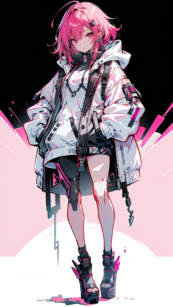 1 girl with red hair, pink eyes, cyberpunk style, hand in pocket, hoodie, pink starry background, black high heels