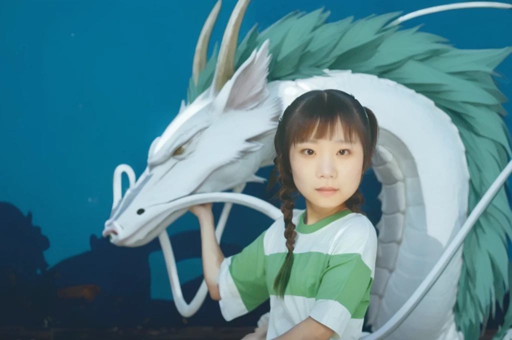 photo of an asian girl with brown hair and pigtails, wearing a white tshirt with a green stripe, standing next to a white dragon