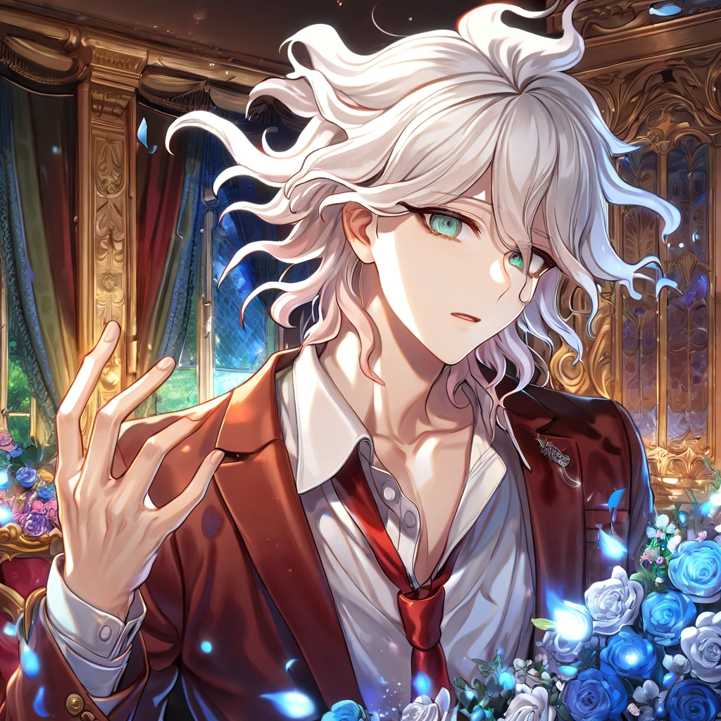 absurdres, highres, ultra detailed, HDR, master piece, Komaeda Nagito, white hair, expressive gray-green eyes, brown-red blazer, red tie, white shirt, Danganronpa, sexy man, room, handsome, best quality, flowers, fantasy, magical, solo, blue shining fireflies, blue petals, sensual