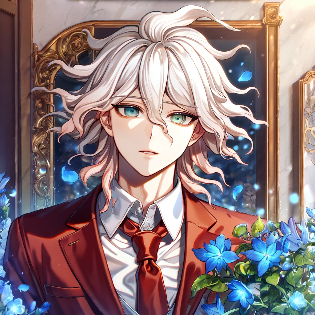 absurdres, highres, ultra detailed, HDR, master piece, Komaeda Nagito, white hair, expressive gray-green eyes, brown-red blazer, red tie, white shirt, Danganronpa, sexy man, room, handsome, best quality, flowers, fantasy, magical, solo, blue shining fireflies, blue petals, sensual