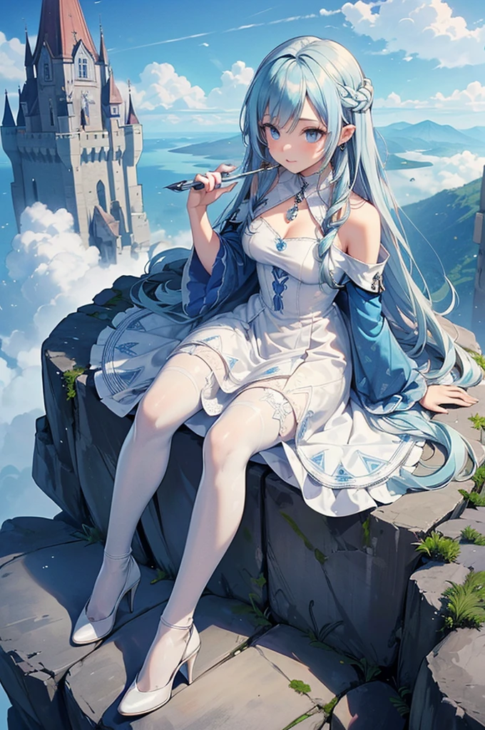 ((Biologically correct limb count)),(( From head to toe,Full-body photo including face)),4K,((Stand at the edge of the screen)),masterpiece,((Focus on the face)),((Symmetrical facial features)),Beautiful woman,Slender Style,Detailed depiction of the face,Small earrings,necklace,(White dress((High heels,Patterned stockings))),((Looking down the cliff from the castle in the sky)),Silk long gloves,(((blue blonde))),Realistic photo,Clouds all around
