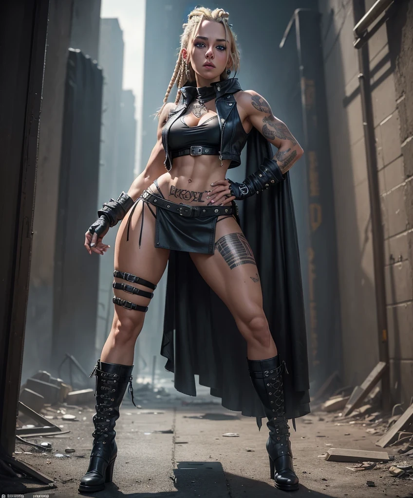She has a punk rock look and blonde dreadlocks hair...Hyper-realistic close-up photo of Scarlet Chase, blue eyes, masterpiece, Best quality, (Photorealistic: 1.4).