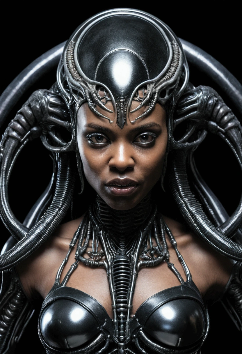 ((best quality)), ((masterpiece)), (detailed), western shot from front, 1 female Alien H.R.Giger inspired, exoskeletton, black skin, beautieful face, fangs shown, dangerous, looking to camera