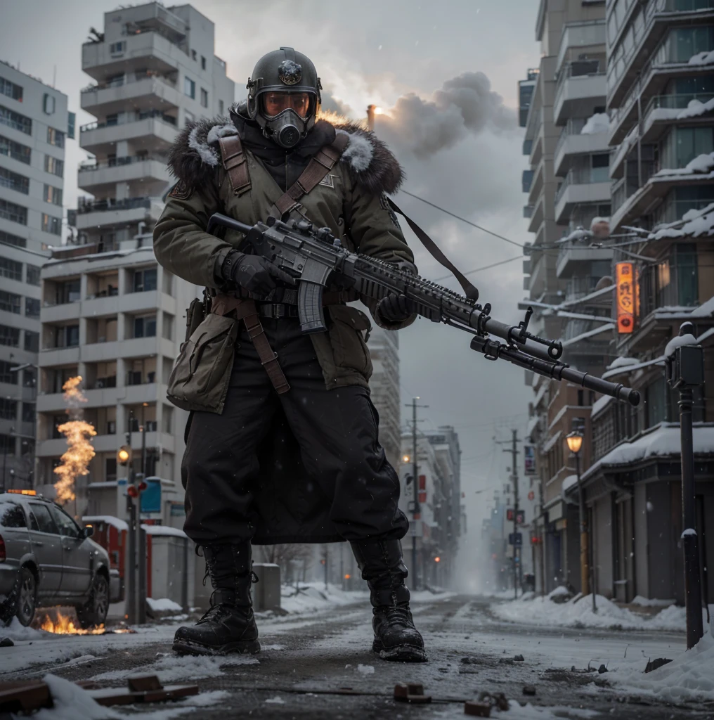 Male soldier, looks forward, Soviet style gas mask, gray metal military helmet, dark brown Soviet style uniform, belt with ammunition, gray metal circular shoulder pads, black metal boots, leather gloves, carries a tomigun, Tomigun with bayonet on the tip , is in a modern city totally destroyed snowy, epic, Fire, smoke, realistic, 4k, Ultra detailed image, realistic, Highly detailed, perfect composition, gorgeous, Intricately detailed, incredibly detailed, Art photography 8K, hyper detailed, Masterpiece, Ultra detailed