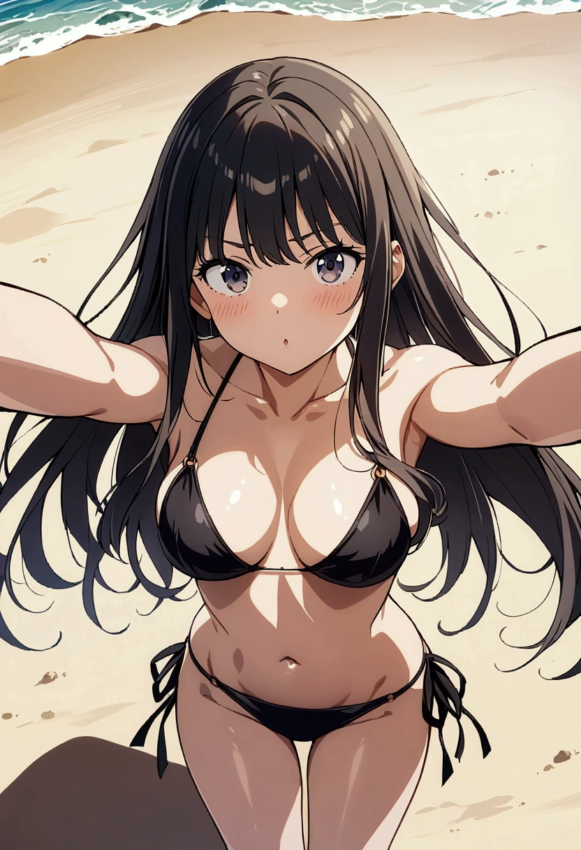 score_9, score_8_up, score_7_up,BREAK,source_anime,best quality,masterpiece,aesthetic,very aesthetic,illustration,official art, medium shot, 1girl, inoue takina, lycoris recoil,black bikini,navel,side-tie_bikini,medium breast,
(Shiny bare skin),
cool,
standing pose,top angle,straight-on,breast focus
(beach,sunshine),