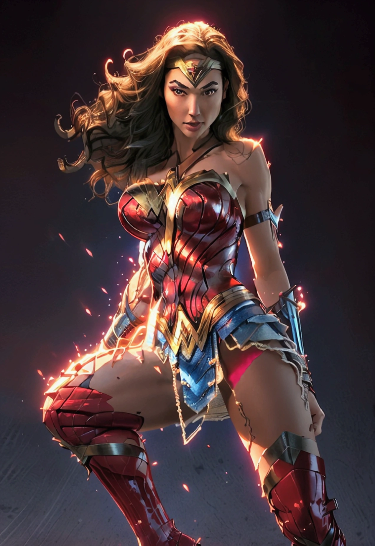 Beautiful and sensual Wonder Woman in red and blue gothic warrior. Wonder Woman, reb shirt with striped sleeves, denim jacket, denim shorts, denim skirt, blue stockings, brown boots, mid riff, white gloves, long blonde hair, ,ruanyi0788,garter belt,garter straps,lingerie,latex,underboob,red bra,thigh strap, bandeau, harem outfit,detached sleeves, bridal gauntlets, red footwear