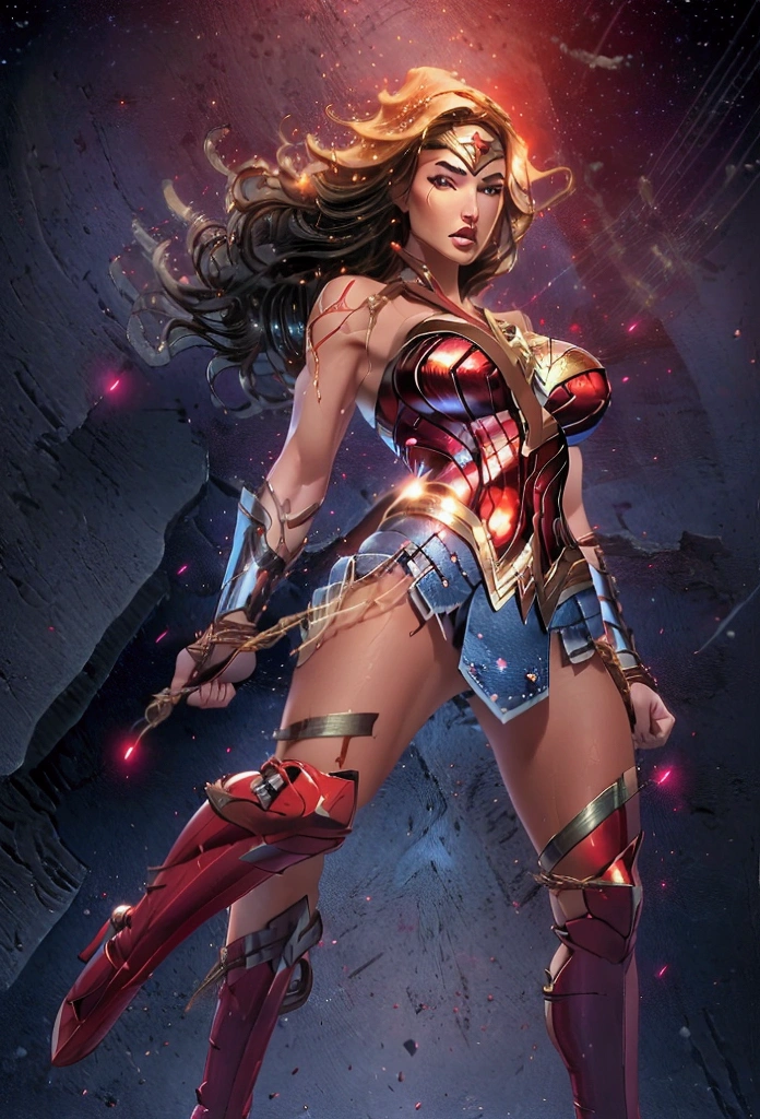 Beautiful and sensual Wonder Woman in red and blue gothic warrior. Wonder Woman, reb shirt with striped sleeves, denim jacket, denim shorts, denim skirt, blue stockings, brown boots, mid riff, white gloves, long blonde hair, ,ruanyi0788,garter belt,garter straps,lingerie,latex,underboob,red bra,thigh strap, bandeau, harem outfit,detached sleeves, bridal gauntlets, red footwear