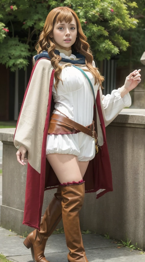 Highest quality、Highest quality、16k quality、Highly detailed figure、Highly detailed face、Highly detailed eyes、Highly detailed nose、Highly detailed facial expressions、Highly detailed costume、Very high quality costume、Highly detailed hourglass shape、Highly detailed feet、Highly detailed thighs、Being in reality、16-year-old girl、Mimosa Vermillion、main character、Brown Hair、White long sleeve knitted clothing、服の上からYou can see the shape of the chest、Light brown、Chest-length、Poncho type、Wearing the cloak of the Magic Knights、With Magic Knights emblem、One of her breasts is visible through the gap in her cloak.、Close to the skinする服、White knit shorts、Emphasizes the shape of the chest、Brown leather thigh-length boots、Her thighs are visible between her shorts and boots.、You can see the shape of the chest、F cup bust size、Big Breasts、Close to the skin、Tight、Full body photo、Are standing、Emphasizes the beauty of thigh muscles、Full body photo、Front view