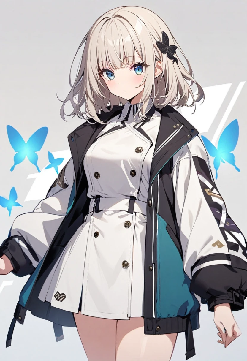 Butterflies are flying、Facing at an angle、1girl, stylish, stylish code, large jacket, simple white background