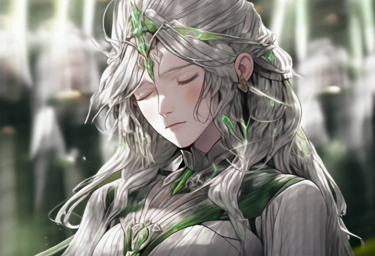portrait of an exceptionally beautiful woman,relaxed posture, (round face:2), wide cheekbones, straight nose, green-jade long hair, has shining vibrant [green:white:0.3] eyes, almost crying, thin eyebrows, jade hair, sad, very pale skin, medieval dress of (light grey-green:2) color, formal dress up to the neck, shimmering dress, dress has intricate sea patterns, sea-themed patterns, belt of purple color,,, watered, wet, under the sea alcove, sea creatures swimming around,,, breathtaking, ultra detailed, stunning environment, white light from top,,, remarkable detailed pupils, detailed eye irises, anime style, mappa studio
