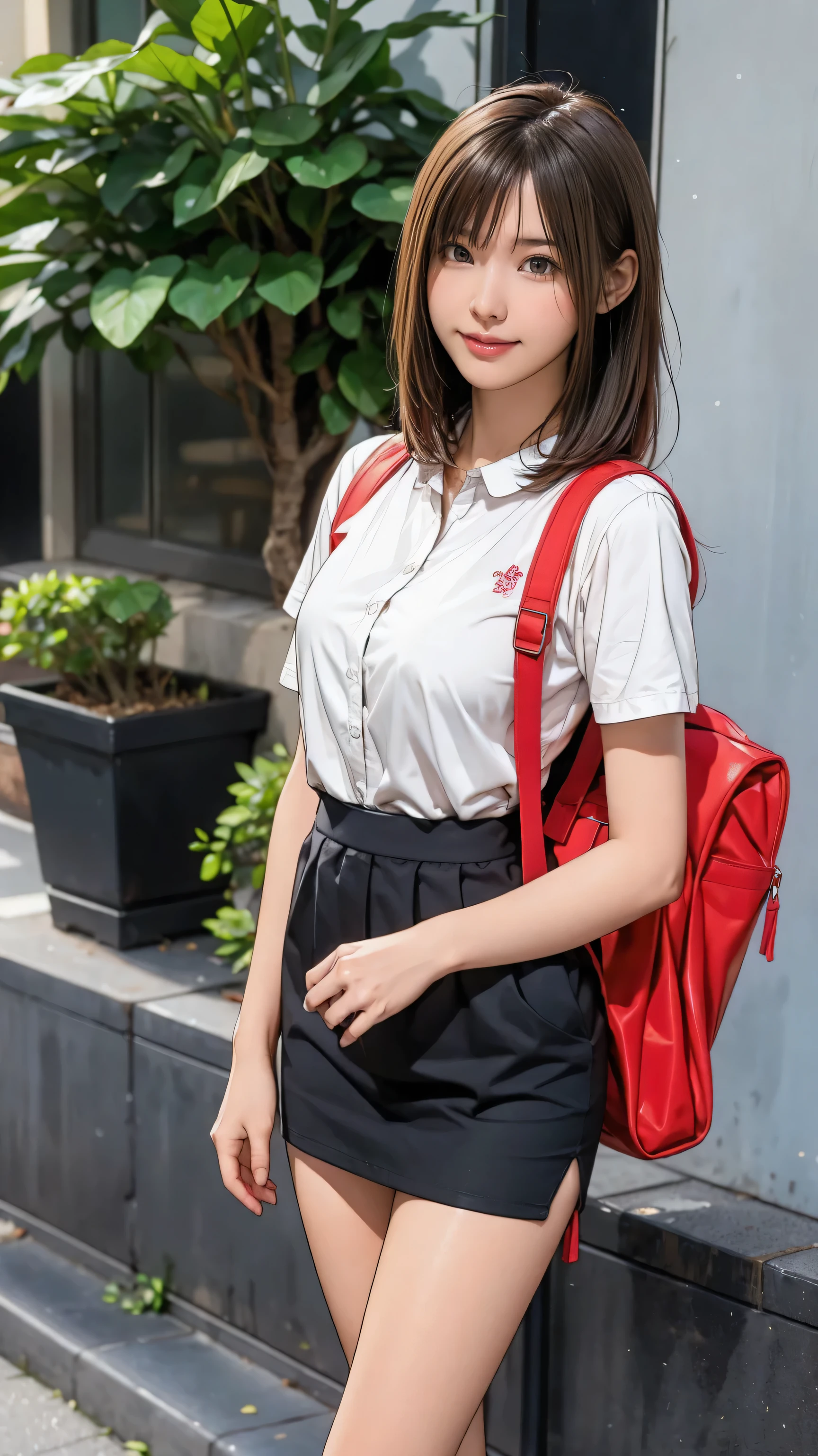 ((masterpiece)),(((Highest quality))),Thin thighs,Long legs,An 18-year-old woman standing on the steps of her school，Japan Uniform:1.5，White Camellia Floral Lace Bra:1.5,Open Chest White Shirt，The best smile,Short blonde:1.5，short side wave，Carrying a black backpack，Wear black loafers，