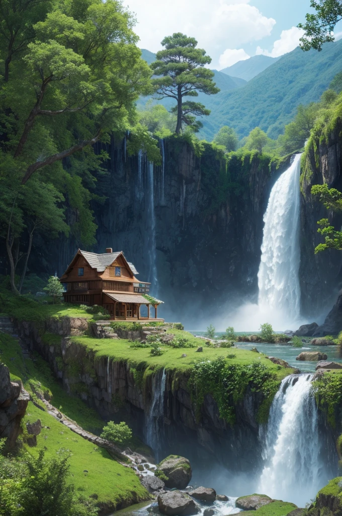 Imagine a tree with a house with a waterfall