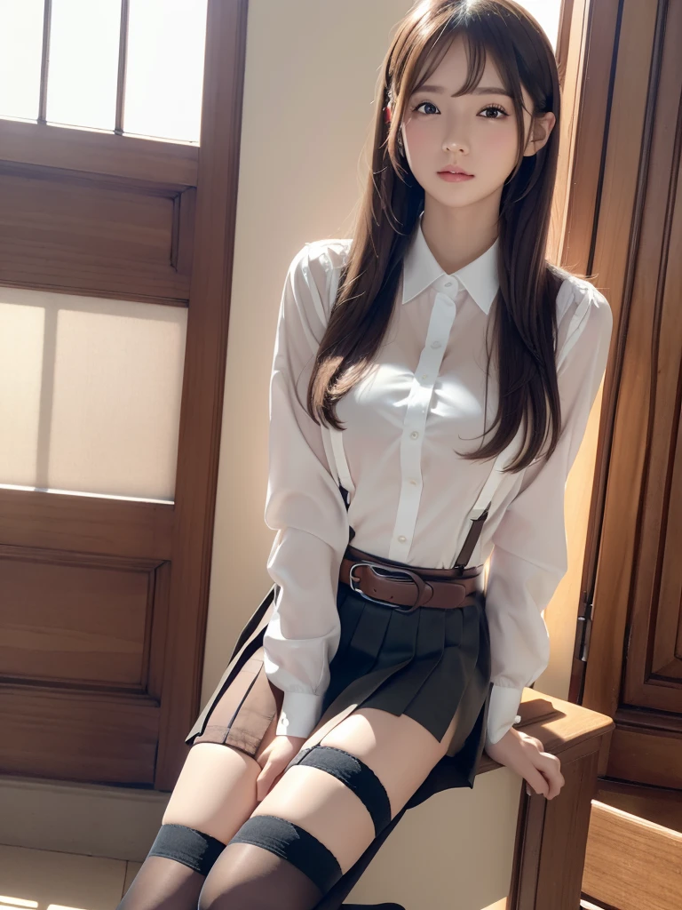 ulzzang-6500-v1.1, (raw photo:1.2), (photorealistic:1.4), beautiful detailed girl, very detailed eyes and face, beautiful detailed eyes, ridiculous, incredibly ridiculous, huge file size, super detailed, high resolution, very detailed, best quality, masterpiece, kemomimi, ((Japanese girls' high school uniform)), illustration, very detailed, CG, unified, 8k wallpaper, amazing, Fine details, masterpiece, best quality, very detailed CG uniform 8k wallpaper, light on face, cinematic lighting, 1girl, , ((no panties)), ((dynamic pose))), (camel toe), (half), (pantyhose), (knee-bending leg sitting))