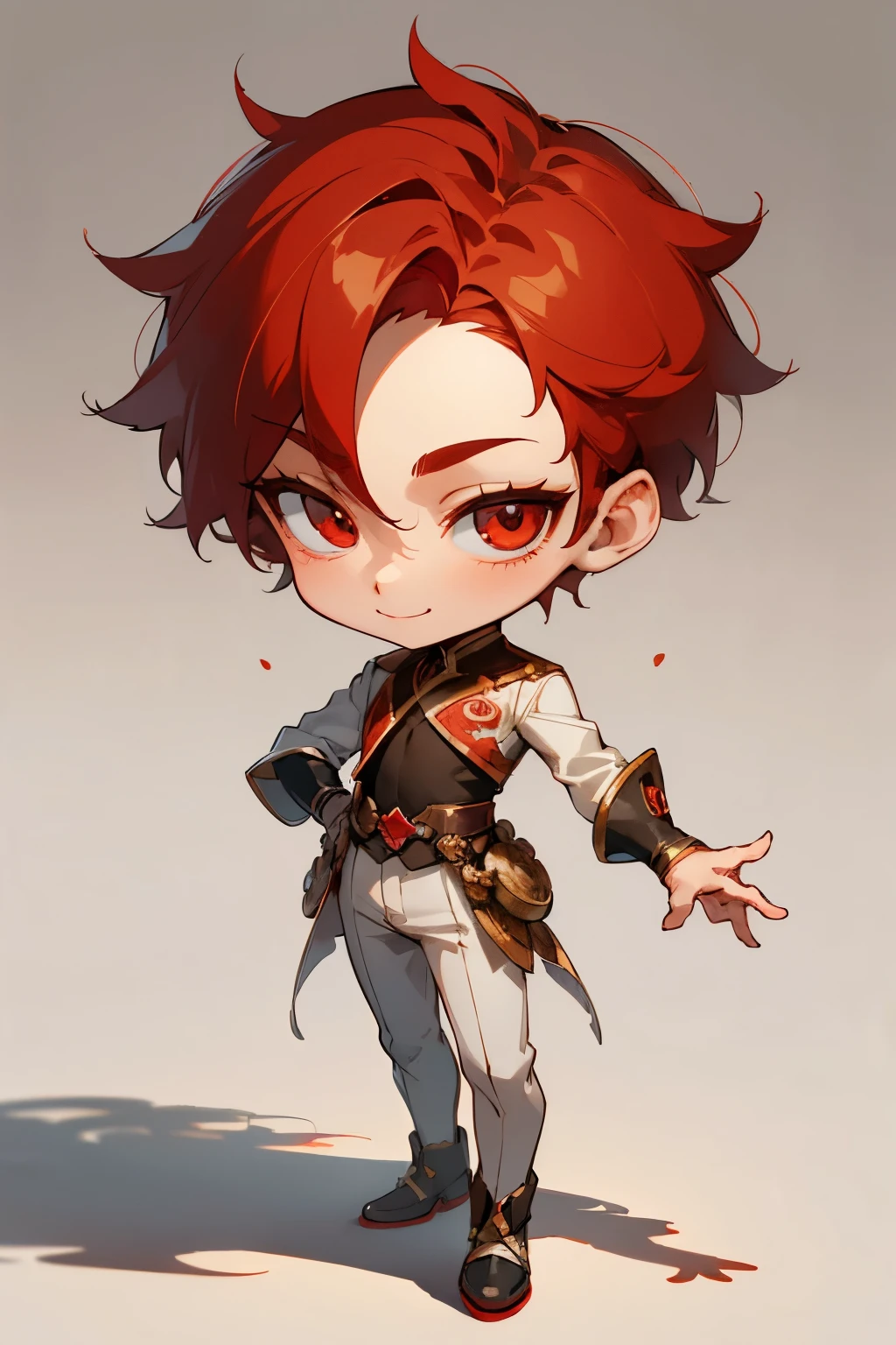 boy, full body, smile, thanks pose, cartoon style, chibi style, cute, beautiful face, red color eye, beautiful eye, high detailed pupil, double eyelid, high detailed skin, high quality skin, red color hair, white clothes, professional lighting, real shadow, masterpiece,